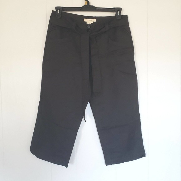 SANDRO Black Linen Pants Size 10 Mediu Pockets Belted Wide Leg Cropped Paper Bag - Picture 1 of 6